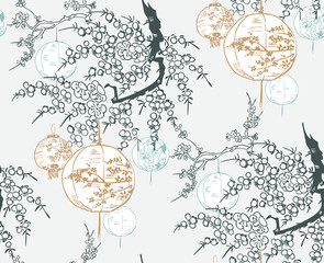 lantern japanese chinese design sketch ink paint style seamless pattern