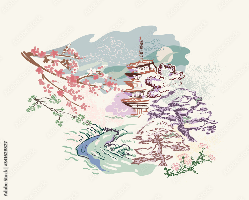 Poster building landscape nature landscape view vector sketch illustration japanese chinese oriental line art ink card background