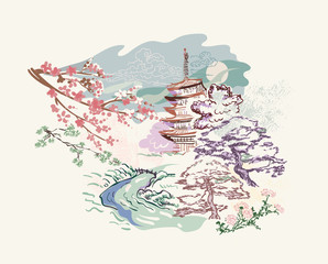 bâtiment paysage nature paysage vue vecteur croquis illustration japonais chinois oriental dessin au trait encre carte fond