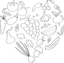 Fruits and vegetables drawn in doodle style, black outline coloring for children's art. Template for wallpaper or web design, vegetarian farming.