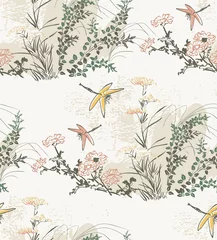 chrysanthemum flowers nature landscape view vector sketch illustration japanese chinese oriental line art ink seamless pattern
