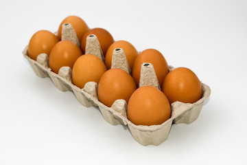 Chicken eggs in cardboard egg box on white background. Raw chicken eggs in open egg box on a white background. Eggs in the package.