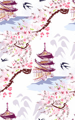 bâtiment paysage nature paysage vue vecteur croquis illustration japonais chinois oriental dessin au trait encre transparente motif