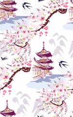 Photo sur Plexiglas Style japonais bâtiment paysage nature paysage vue vecteur croquis illustration japonais chinois oriental dessin au trait encre transparente motif