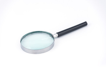 Black handle and metal rim Magnifying glass on a white background