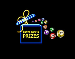 Vector neon open box and lottery balls, glowing illustration isolated on black background, enter to win prizes.