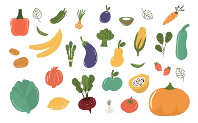 Fruits and vegetables isolated vector illustration.