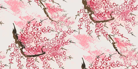 Keuken foto achterwand Japanse stijl sakura natuur landschap weergave vector schets illustratie japans chinees oosters zeer fijne tekeningen inkt naadloze patroon