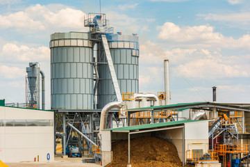 Exterior facade of a pellet mill. Sustainable and ecological industry