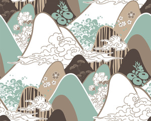 mountains traditional geometric kimono pattern vector sketch illustration line art japanese chinese oriental design seamless