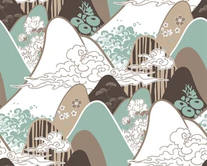 Gardinen Berge traditionelles geometrisches Kimonomuster Vektorskizze Illustration Strichzeichnungen japanisches chinesisches orientalisches Design nahtlos © CharlieNati