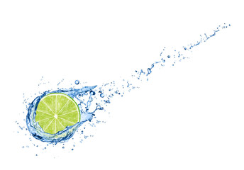 Half of fresh lime in water splash with full depth of field isolated on white background.