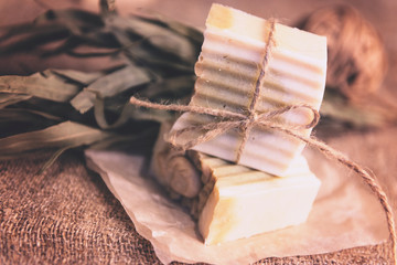 Pieces of handmade soap on burlap