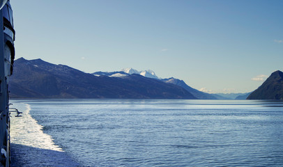 Breathtaking panoramic view of mountains and glaciers along Beagle Channel in Glacier Alley...
