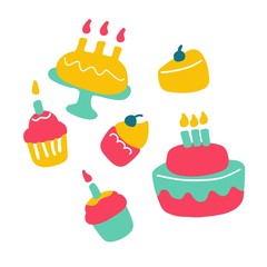 Hand-drawn icons of sweets. Pie, cake, cupcake. Vector