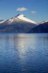 Breathtaking panoramic view of mountains and glaciers along Beagle Channel in Glacier Alley...