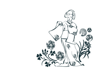 woman nature flower view vector sketch illustration japanese chinese oriental line art ink card background