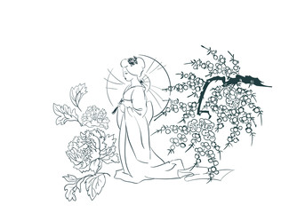 woman nature flower view vector sketch illustration japanese chinese oriental line art ink card background