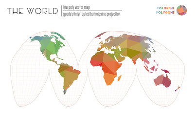 Abstract world map. Goode's interrupted homolosine projection of the world. Colorful colored polygons. Neat vector illustration.