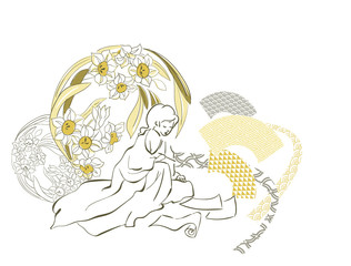 woman nature flower view vector sketch illustration japanese chinese oriental line art ink card background