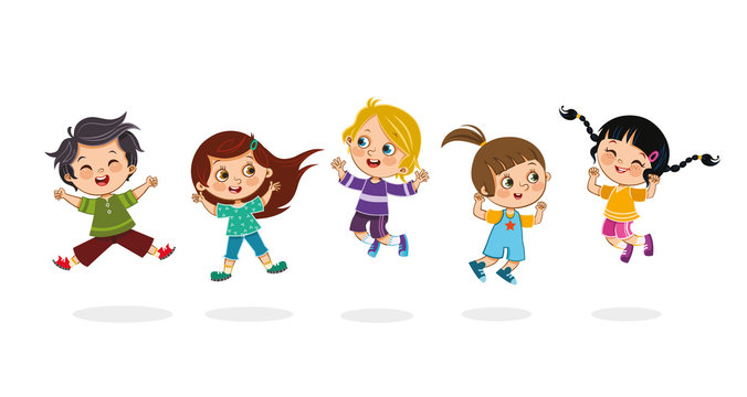 Cheerful kids jumping together. Isolated vector illustration.