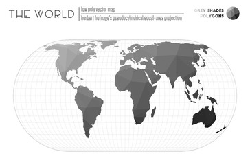 Low poly design of the world. Herbert Hufnagel's pseudocylindrical equal-area projection of the world. Grey shades colored polygons. Stylish vector illustration.