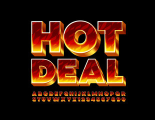 Vector creative emblem Hot Deal with Fire Font. Burning Alphabet Letters and Numbers