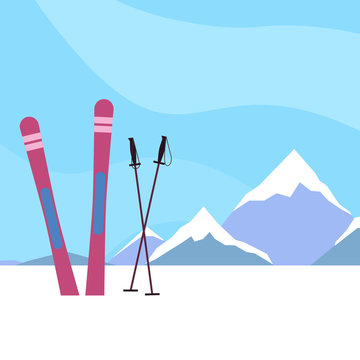Ski resort. Flat ski illustration on a background of snowy mountains. Active healthy rest. Sporting events. Vector image for banners, articles and your design.
