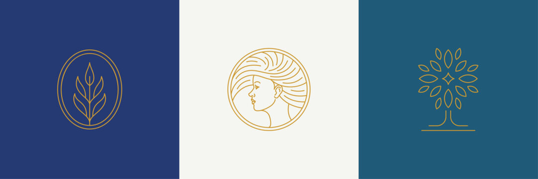 Vector Line Minimal Decoration Design Elements Set - Female Face And Branch Leaves Illustrations Simple Linear Style