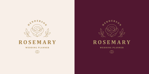 Rose flower petal line and branch with leaves vector logo emblem design template illustration simple linear style