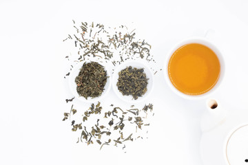 cup with tea and teapot on white background, over light
