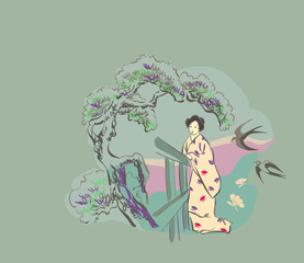 woman nature flower view vector sketch illustration japanese chinese oriental line art ink card background