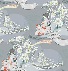 kimono meisje bloemen bloesem traditioneel geometrisch kimono naadloze patroon vector schets illustratie zeer fijne tekeningen japans chinees oosters design