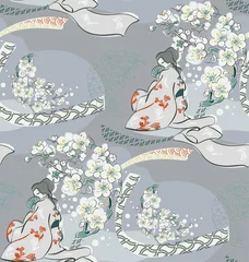 Foto op Plexiglas Grijs kimono meisje bloemen bloesem traditioneel geometrisch kimono naadloze patroon vector schets illustratie zeer fijne tekeningen japans chinees oosters design