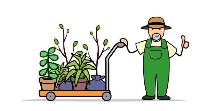 gardener with plants on cart, thumbs up clip art preview