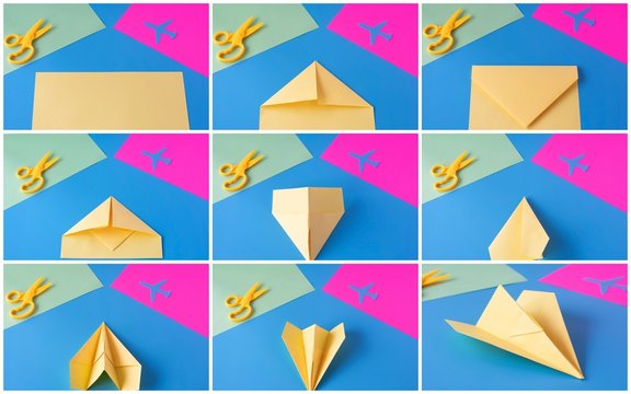 Step by step instructions for creating a paper airplane.