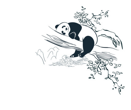 panda sleep tree sketch vector japanese chinese design isolated elements