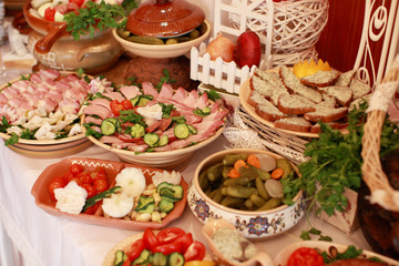 catering services background with snacks on guests table in restaurant at event party