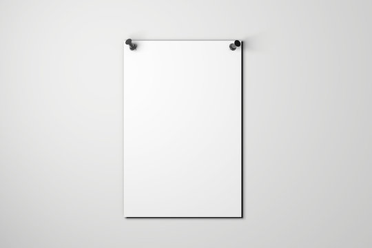 Blank white poster mock up pinned to a plain grey wall. 3D rendering