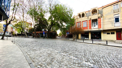 Fototapeta na wymiar TBILISI, GEORGIA - APRIL 17, 2020: Empty Tbilisi, Street is normally gridlocked with shoppers and traffic.