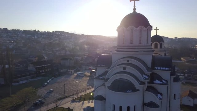 Aerial footage of Curch Vaskrsenja Gospodnjeg whit flers