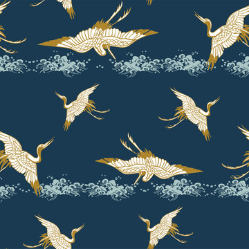 cran bird view vector sketch illustration japanese chinese oriental line art ink seamless pattern