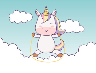 kawaii unicorn playing in clouds sky cartoon character magical fantasy