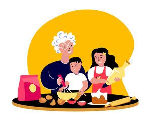 Old Grandmother,Granny Cooking Bakery Kitchen with Grandchildren,Granddaughter.Family Communicate Together.Grandchild Kid Daughter Girl,Boy on Holidays with Old Aged Pensioner.Flat Vector Illustration