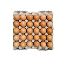 Chicken eggs in paper tray isolated on white background without shadow. Top view of 30 eggs in close-up 
