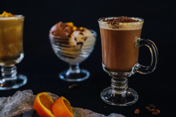 beautifully served coffee with ice cream and decoration by barista