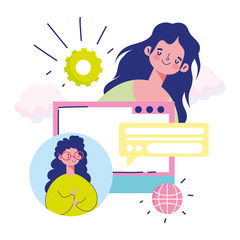 meeting online, young women messaging connection virtual cartoon