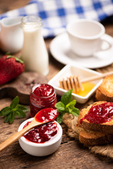 Fresh strawberry jam with bread for breakfast