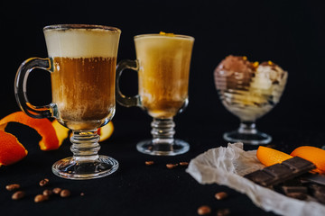 beautifully served coffee with ice cream and decoration by barista