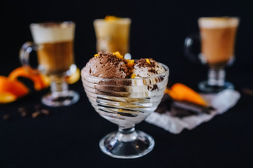 beautifully served coffee with ice cream and decoration by barista